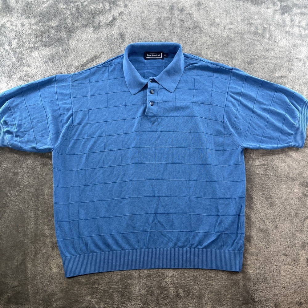 Paul Fredrick Mens 100% Silk Short Sleeve Textured Check Blue Sweater Size XL